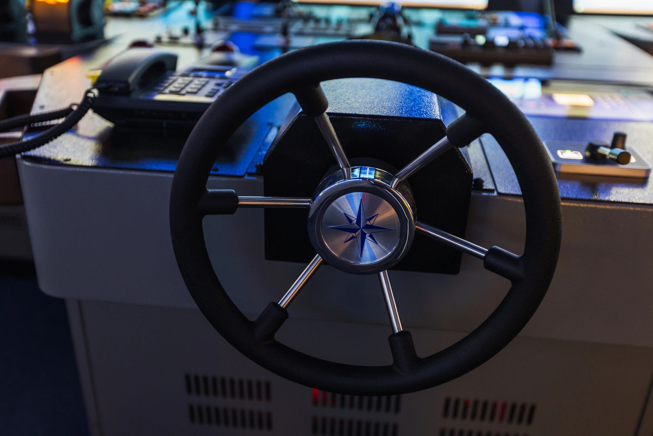 Detailed ship helm and marine navigation controls