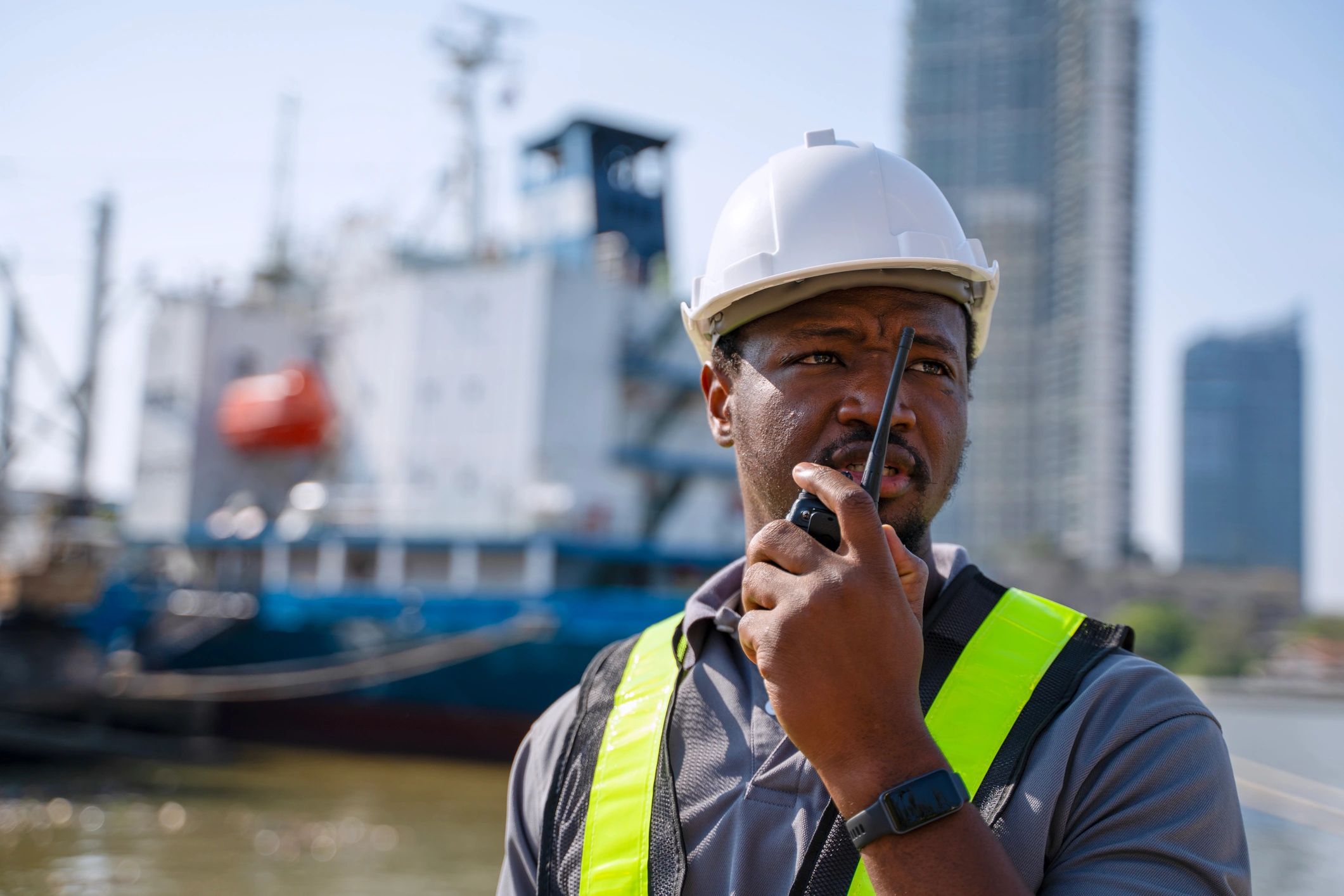 Marine engineer working near vessel equipment